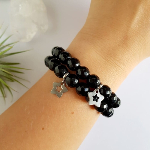 Bransoletka czarny onyks i srebrna gwiazdka stal chirurgiczna