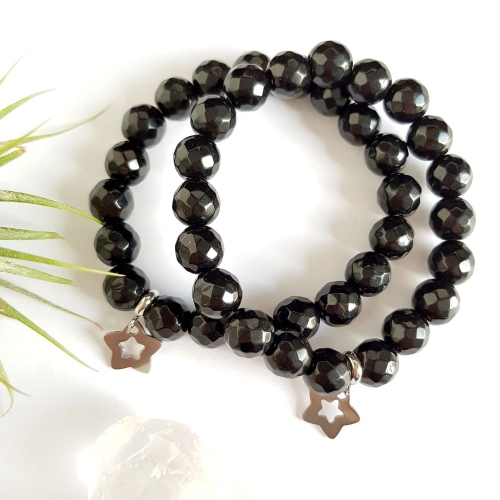 Bransoletka czarny onyks i srebrna gwiazdka stal chirurgiczna
