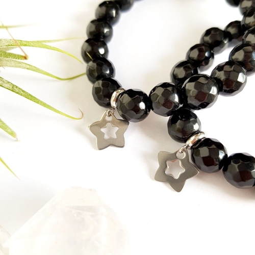 Bransoletka czarny onyks i srebrna gwiazdka stal chirurgiczna