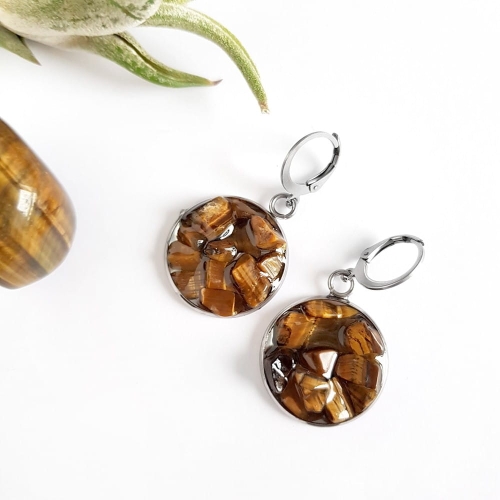 Kolczyki wiszące tygrysie oko w żywicy stal chirurgiczna Sparkles brown