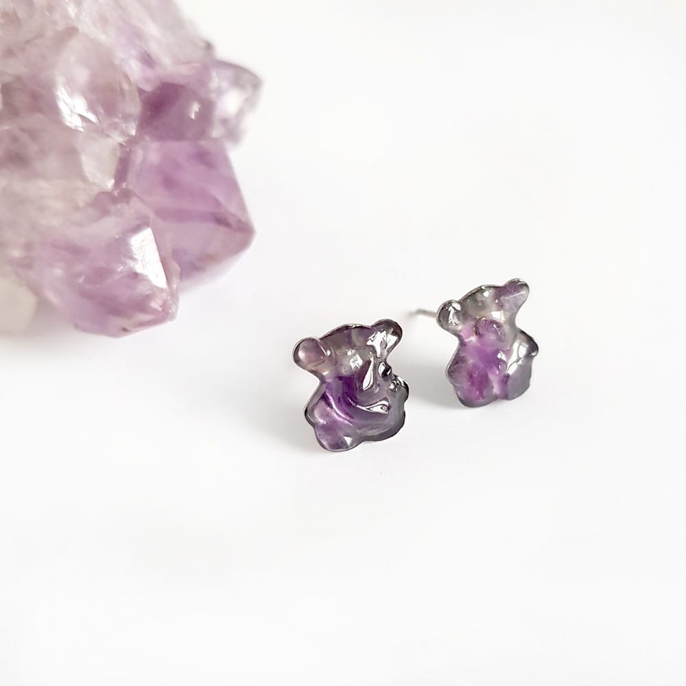 Kolczyki sztyfty misie ametyst w żywicy stal chirurgiczna Sparkles amethyst
