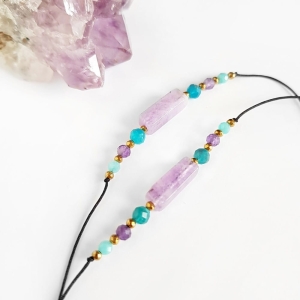 Bransoletka ametyst, apatyt, amazonit i hematyt na czarnym sznurku