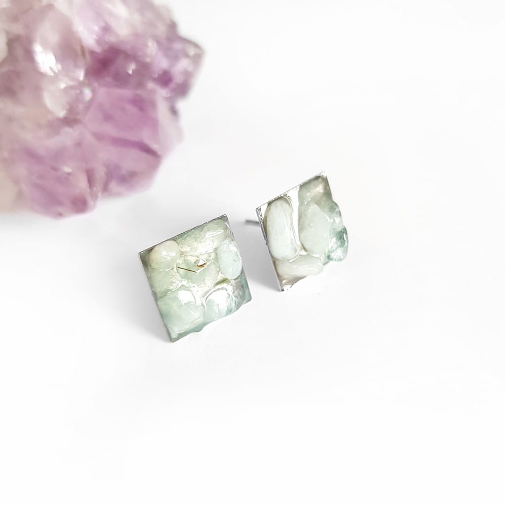 Kolczyki sztyfty kwadraty akwamaryn w żywicy stal chirurgiczna Sparkles aquamarine