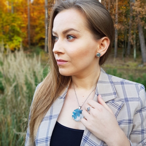 Kolczyki sztyfty kwadraty akwamaryn w żywicy stal chirurgiczna Sparkles aquamarine