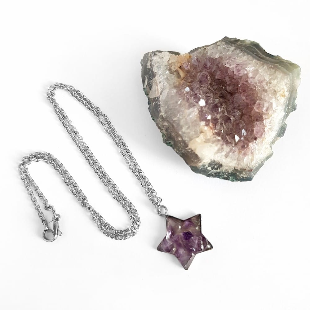 Naszyjnik ametyst gwiazdka na srebrnym łańcuszku stal chirurgiczna Sparkles amethyst
