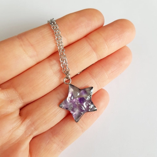 Naszyjnik ametyst gwiazdka na srebrnym łańcuszku stal chirurgiczna Sparkles amethyst