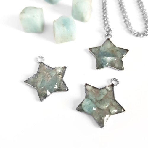 Naszyjnik akwamaryn gwiazdka na srebrnym łańcuszku stal chirurgiczna Sparkles aquamarine