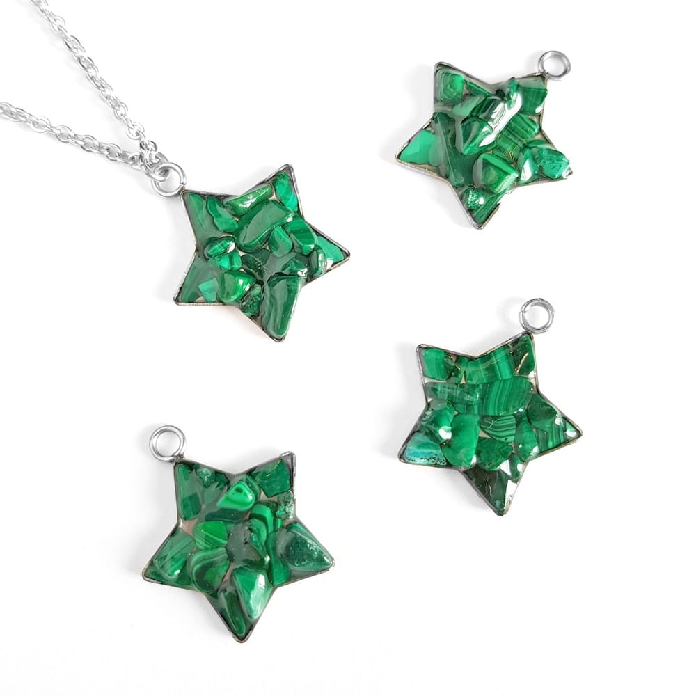 Naszyjnik malachit gwiazdka na srebrnym łańcuszku stal chirurgiczna Sparkles malachite