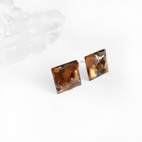 Kolczyki sztyfty kwadraty tygrysie oko w żywicy stal chirurgiczna Sparkles brown