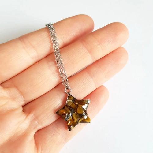 Naszyjnik tygrysie oko gwiazdka na srebrnym łańcuszku stal chirurgiczna Sparkles brown