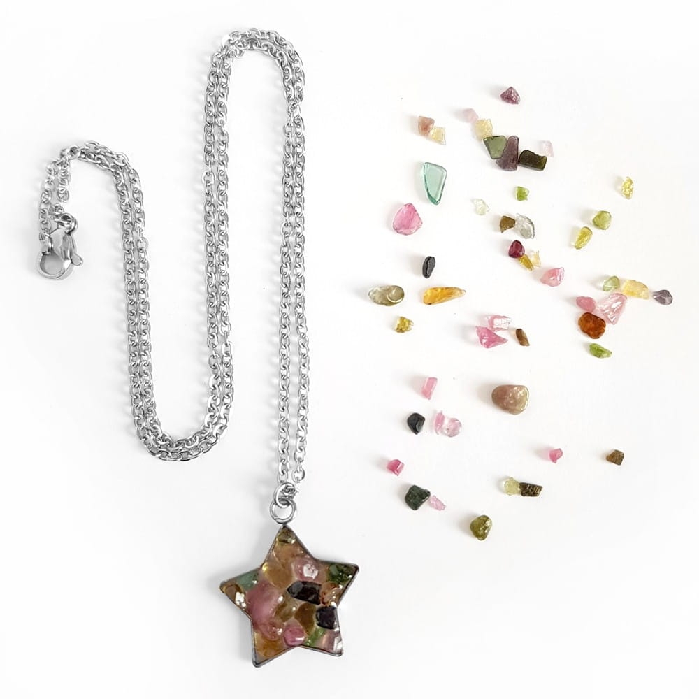 Naszyjnik kolorowy turmalin gwiazdka na srebrnym łańcuszku stal chirurgiczna Sparkles tourmaline