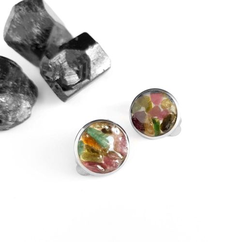 Klipsy kolorowy turmalin w żywicy stal chirurgiczna Sparkles tourmaline