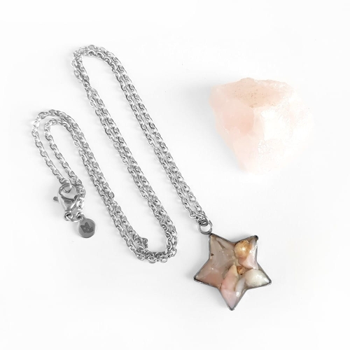Naszyjnik różowy opal peruwiański gwiazdka na srebrnym łańcuszku stal chirurgiczna Sparkles pink