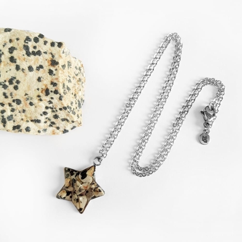 Naszyjnik jaspis dalmatyńczyk gwiazdka na srebrnym łańcuszku stal chirurgiczna Sparkles dalmatian