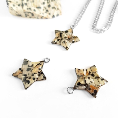Naszyjnik jaspis dalmatyńczyk gwiazdka na srebrnym łańcuszku stal chirurgiczna Sparkles dalmatian