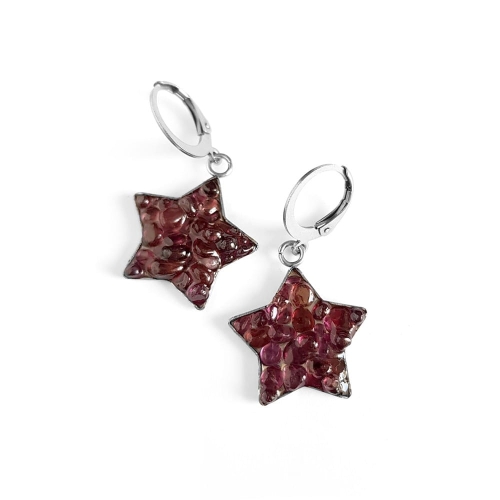 Kolczyki wiszące gwiazdki granat w żywicy stal chirurgiczna Sparkles garnet