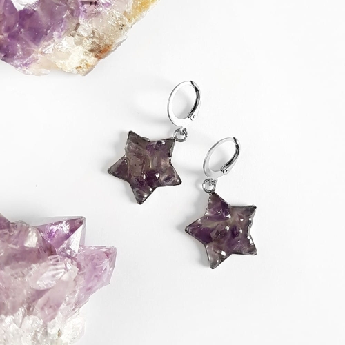 Kolczyki wiszące gwiazdki ametyst w żywicy stal chirurgiczna Sparkles amethyst