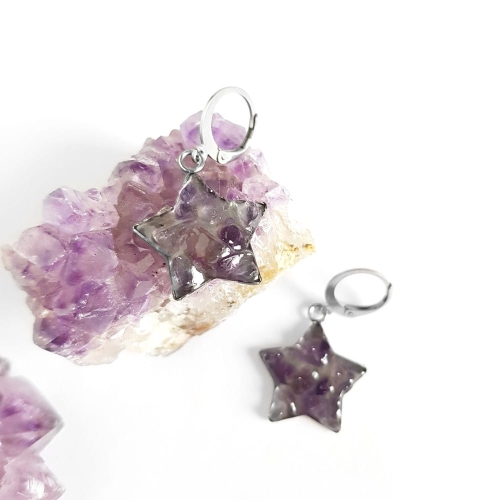 Kolczyki wiszące gwiazdki ametyst w żywicy stal chirurgiczna Sparkles amethyst