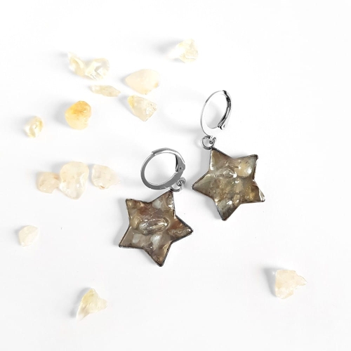 Kolczyki wiszące gwiazdki cytryn w żywicy stal chirurgiczna Sparkles citrine