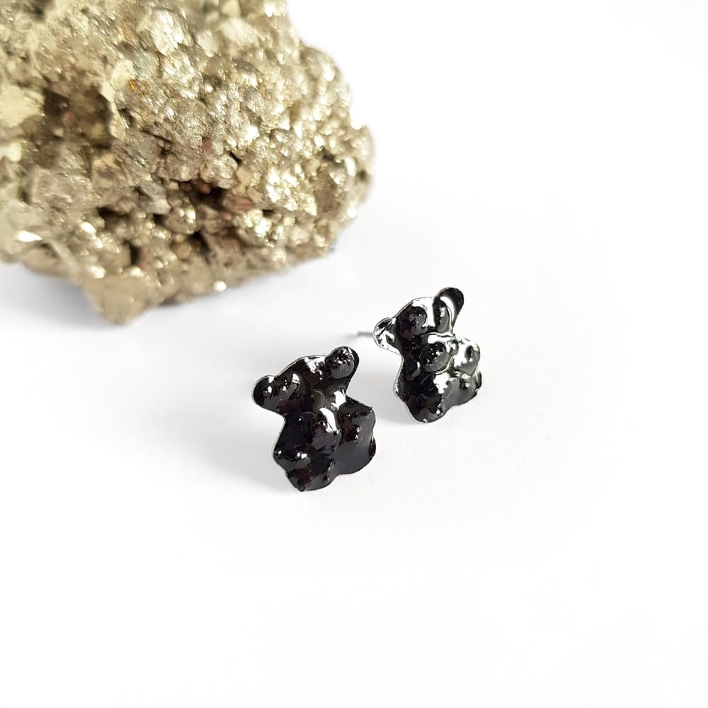 Kolczyki sztyfty misie czarny turmalin w żywicy stal chirurgiczna Sparkles black