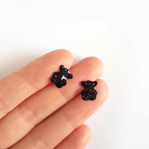 Kolczyki sztyfty misie czarny turmalin w żywicy stal chirurgiczna Sparkles black