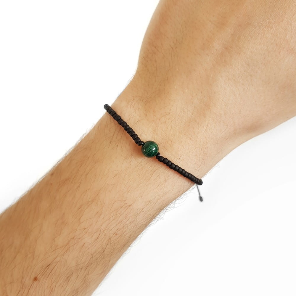 Męska bransoletka na sznurku malachit Little malachite ball matte black