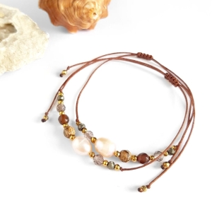 Bransoletka perła, jaspis pejzażowy, agat, kwarc dymny, piryt i hematyt na brązowym sznurku
