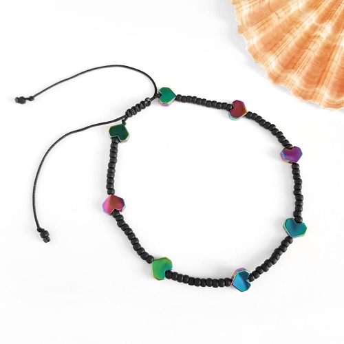 Bransoletka na nogę kolorowy hematyt serduszka na czarnym sznurku