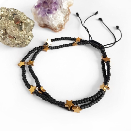 Bransoletka na nogę złoty hematyt gwiazdki na czarnym sznurku