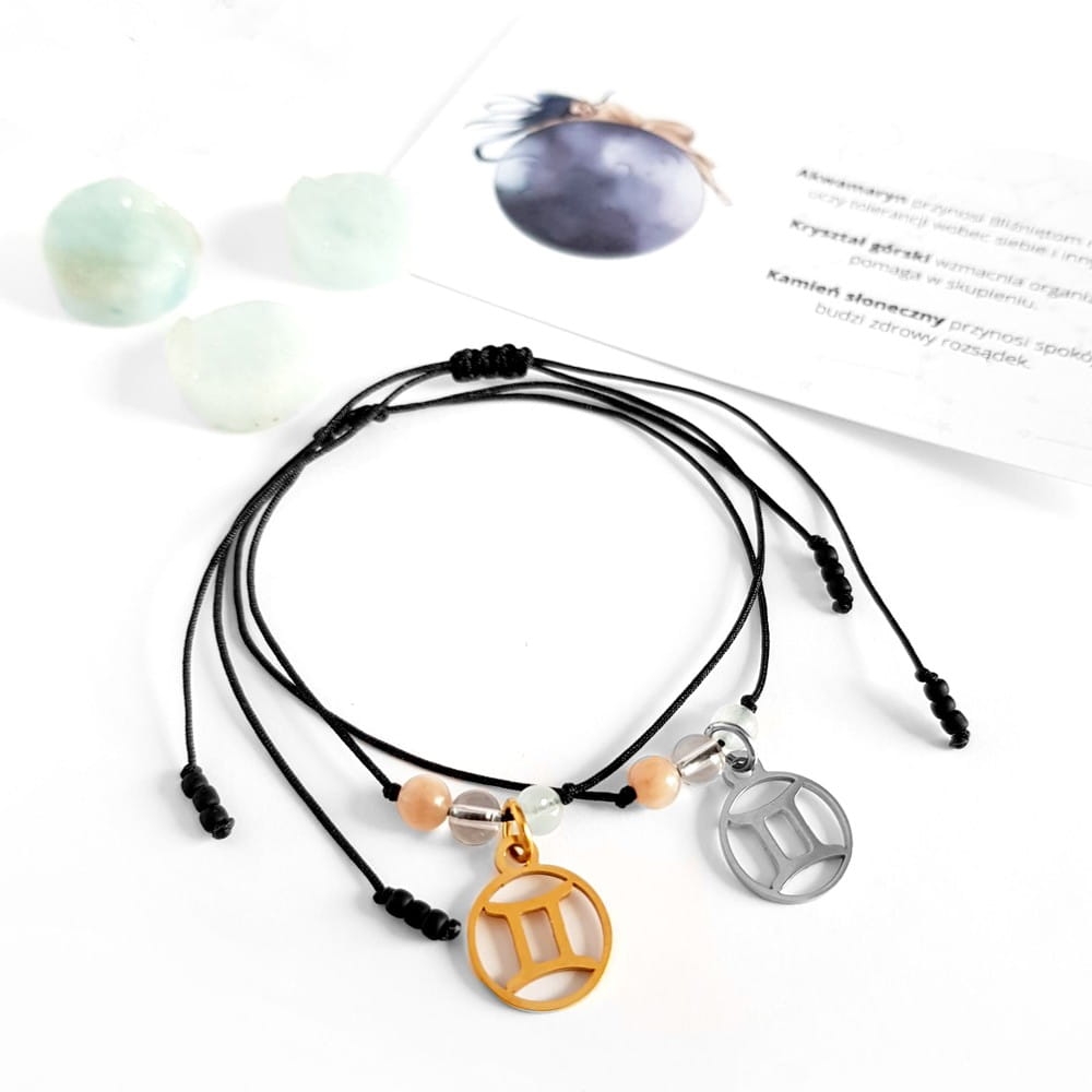 Bransoletka akwamaryn, kryształ górski, kamień słoneczny Zodiac Bliźnięta