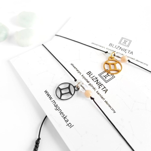 Bransoletka akwamaryn, kryształ górski, kamień słoneczny Zodiac Bliźnięta