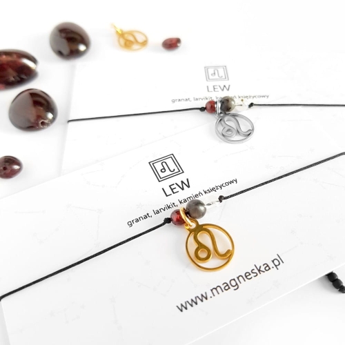 Bransoletka granat, larvikit, kamień księżycowy Zodiac Lew