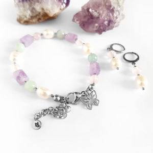 Zestaw biżuterii bransoletka i kolczyki perła, morganit, kwarc różowy i ametyst