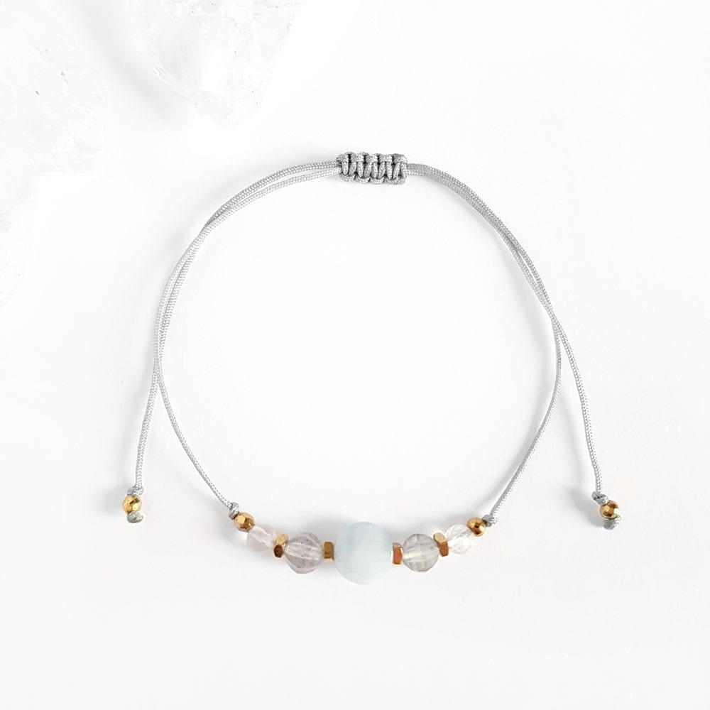 Bransoletka akwamaryn, labradoryt i kryształ górski na szarym sznurku