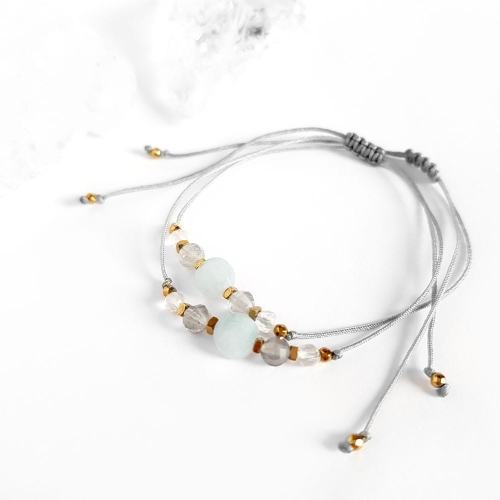 Bransoletka akwamaryn, labradoryt i kryształ górski na szarym sznurku