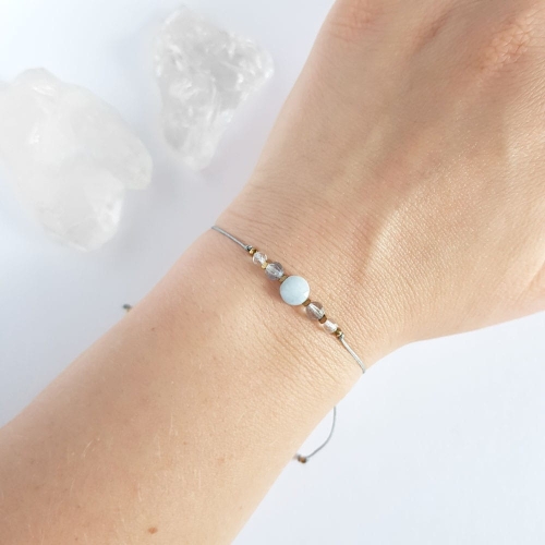 Bransoletka akwamaryn, labradoryt i kryształ górski na szarym sznurku