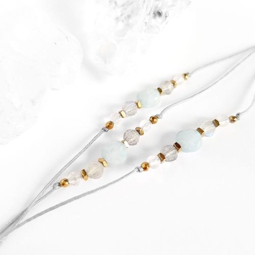 Bransoletka akwamaryn, labradoryt i kryształ górski na szarym sznurku