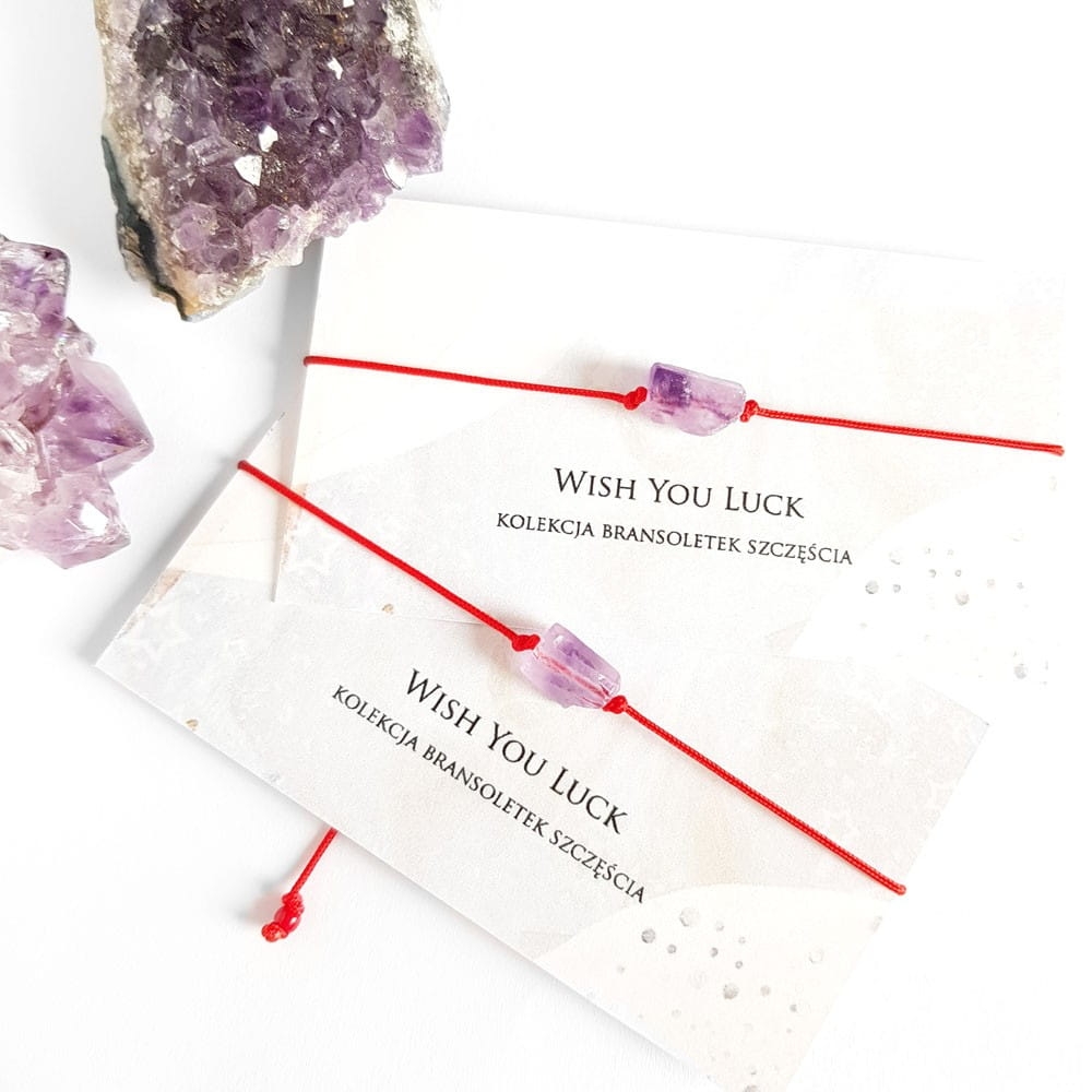 WishYouLuck ametyst jasna bryłka bransoletka szczęścia na czerwonym sznurku
