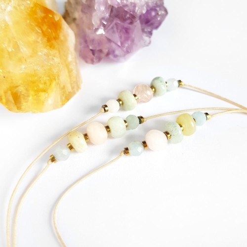 Bransoletka morganit, akwamaryn i hematyt na beżowym sznurku