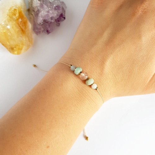 Bransoletka morganit, akwamaryn i hematyt na beżowym sznurku