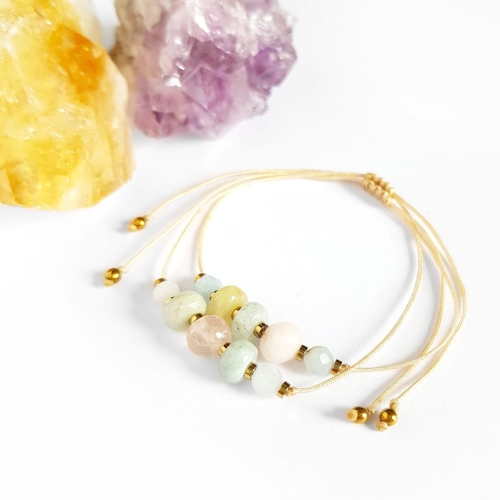 Bransoletka morganit, akwamaryn i hematyt na beżowym sznurku