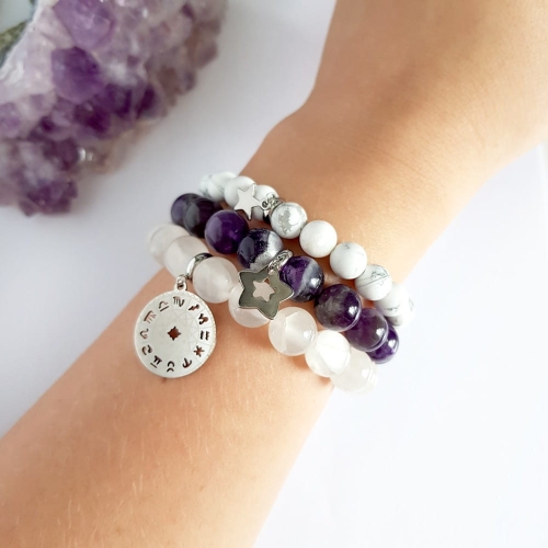 Zestaw bransoletek z kamieni naturalnych magnezyt, ametyst i selenit White &amp; purple