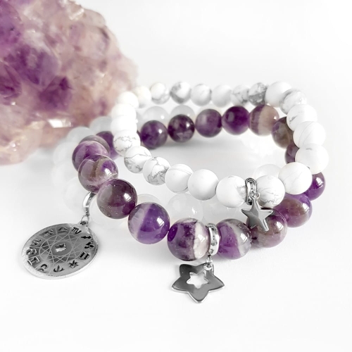 Zestaw bransoletek z kamieni naturalnych magnezyt, ametyst i selenit White &amp; purple