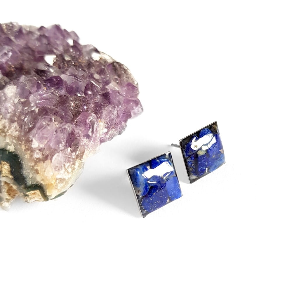 Kolczyki sztyfty kwadraty lapis lazuli w żywicy stal chirurgiczna Sparkles lapis