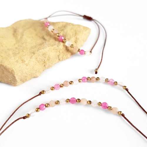 Bransoletka kwarc różowy, agat, kamień słoneczny i hematyt na brązowym sznurku