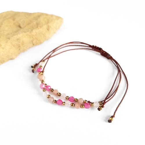Bransoletka kwarc różowy, agat, kamień słoneczny i hematyt na brązowym sznurku