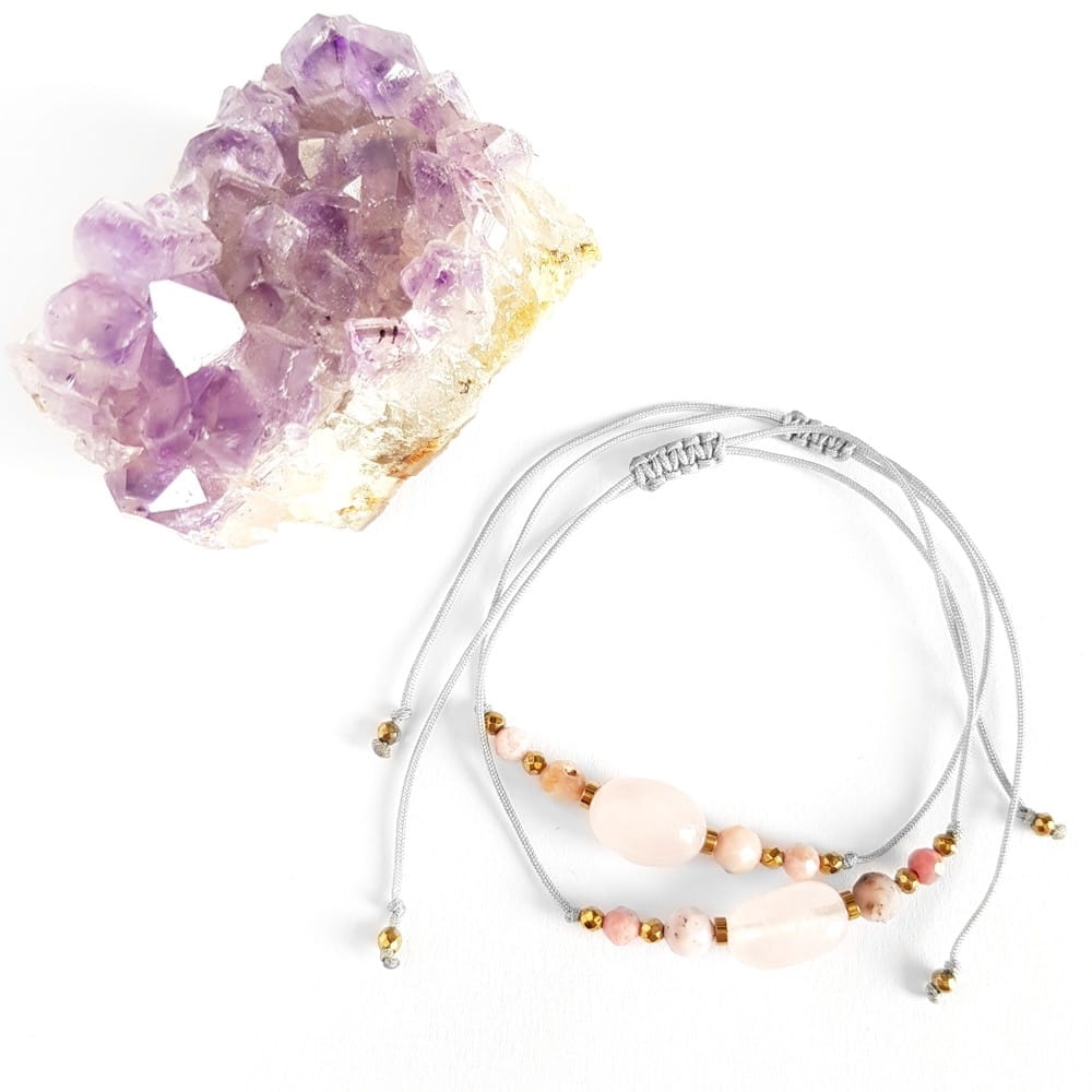 Bransoletka kwarc różowy, różowy opal, rodonit i hematyt na szarym sznurku