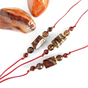 Bransoletka pietersyt, kwarc dymny, granat i hematyt na bordowym sznurku