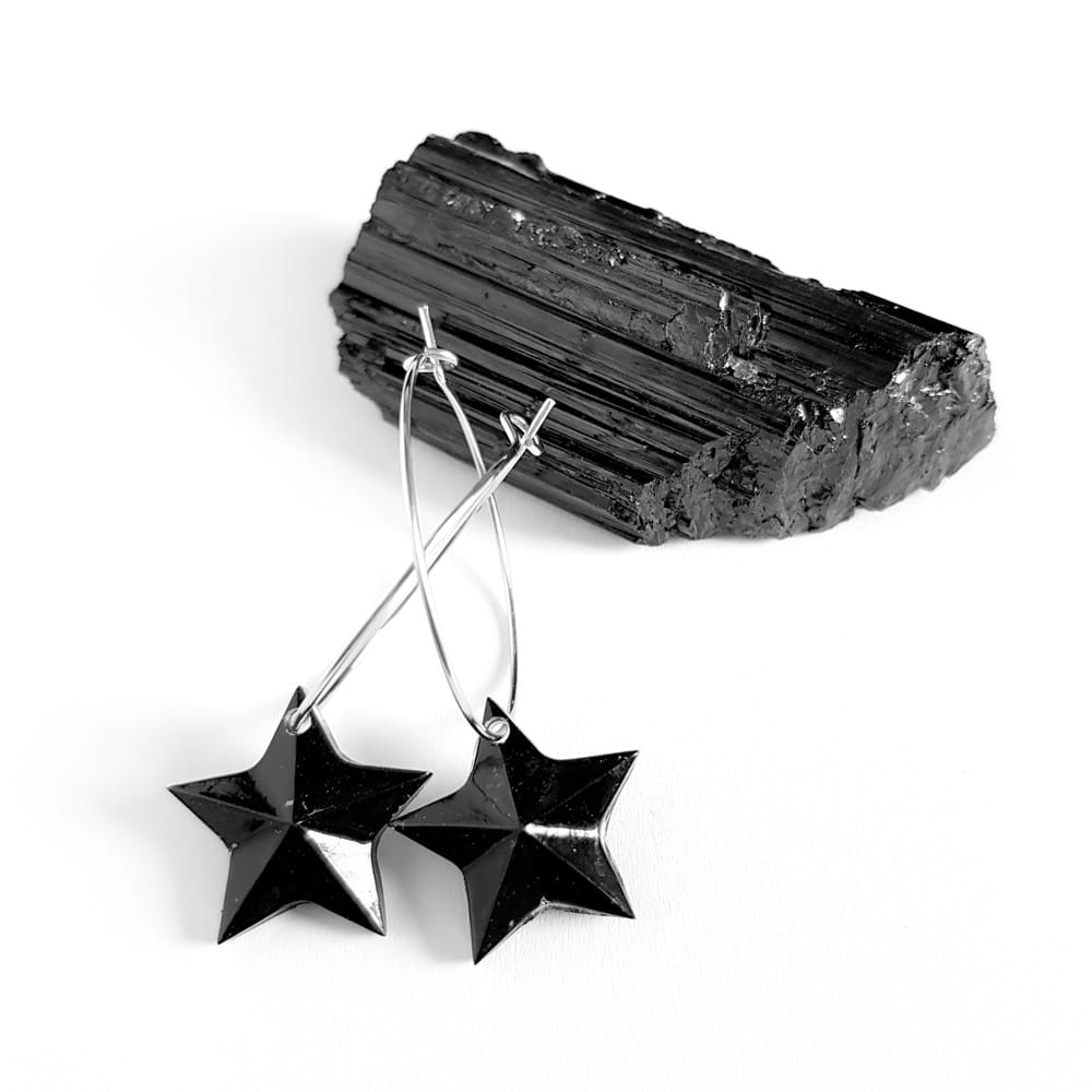 Kolczyki wiszące czarny turmalin gwiazdki na srebrnych kółeczkach stal chirurgiczna Sparkles black
