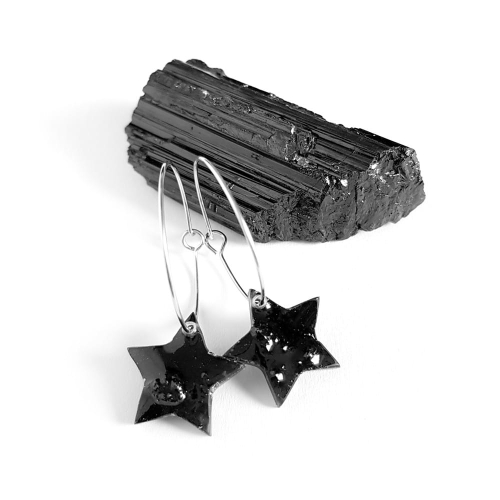 Kolczyki wiszące czarny turmalin gwiazdki na srebrnych kółeczkach stal chirurgiczna Sparkles black
